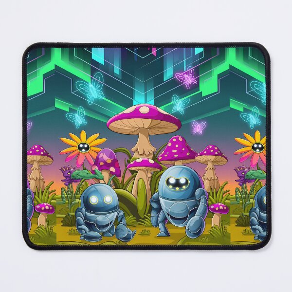 Item preview, Cute Robots Exploring Mushroom Wonderland Illustration Art designed and sold by ART ATTACK ZONE.