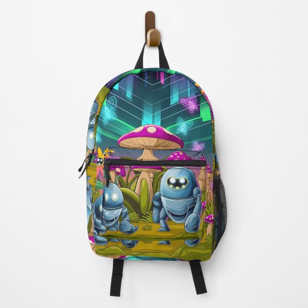 Item preview, Cute Robots Exploring Mushroom Wonderland Illustration Art designed and sold by ART ATTACK ZONE.