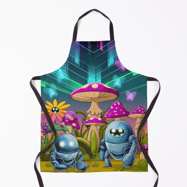 Item preview, Cute Robots Exploring Mushroom Wonderland Illustration Art designed and sold by ART ATTACK ZONE.
