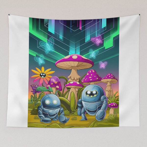 Item preview,  Cute Robots Exploring Mushroom Wonderland Illustration Art designed and sold by ART ATTACK ZONE.