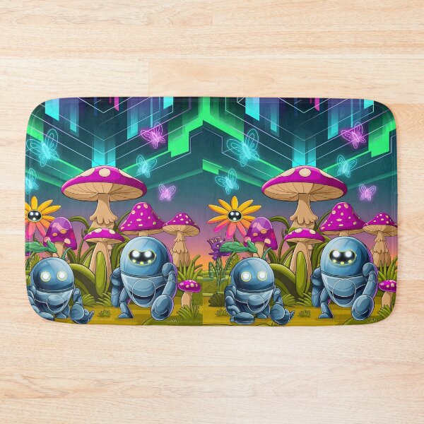 Item preview,  Cute Robots Exploring Mushroom Wonderland Illustration Art designed and sold by ART ATTACK ZONE.