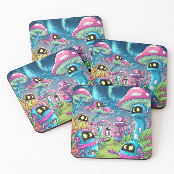 Item preview, Nature Cute Robots Exploring Mushroom Wonderland Illustration Art designed and sold by ART ATTACK ZONE.