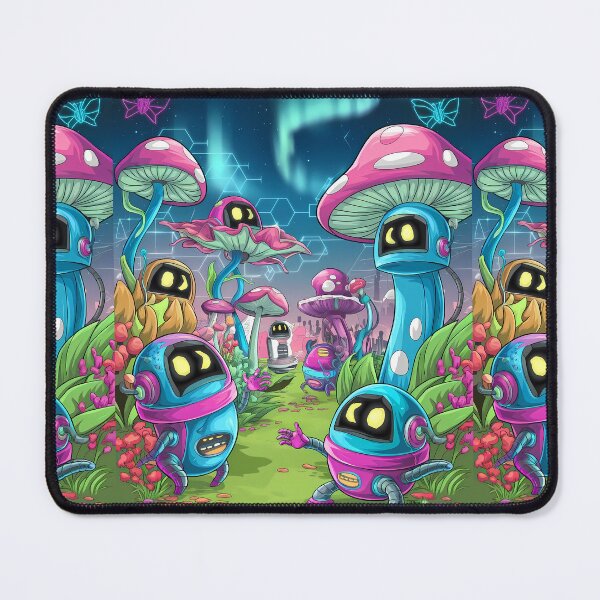 Item preview, Nature Cute Robots Exploring Mushroom Wonderland Illustration Art designed and sold by ART ATTACK ZONE.