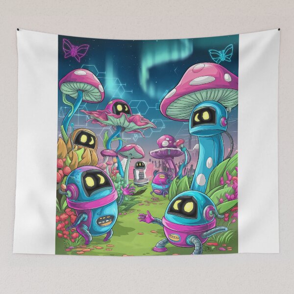 Item preview, Nature Cute Robots Exploring Mushroom Wonderland Illustration Art designed and sold by ART ATTACK ZONE.