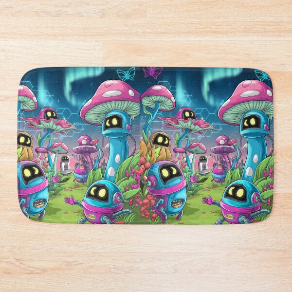 Item preview, Nature Cute Robots Exploring Mushroom Wonderland Illustration Art designed and sold by ART ATTACK ZONE.