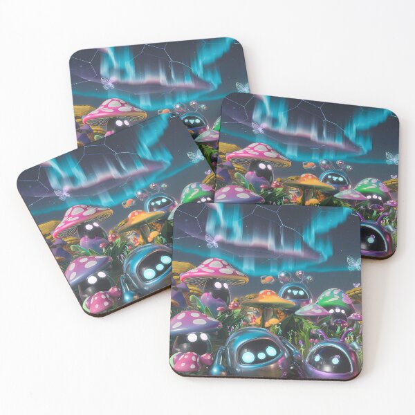 Item preview, Magical Cute Robots Exploring Mushroom Wonderland Illustration Art designed and sold by ART ATTACK ZONE.
