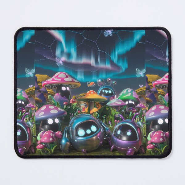 Item preview, Magical Cute Robots Exploring Mushroom Wonderland Illustration Art designed and sold by ART ATTACK ZONE.