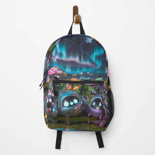 Item preview, Magical Cute Robots Exploring Mushroom Wonderland Illustration Art designed and sold by ART ATTACK ZONE.