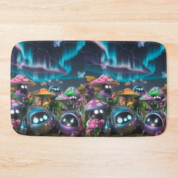Item preview, Magical Cute Robots Exploring Mushroom Wonderland Illustration Art designed and sold by ART ATTACK ZONE.