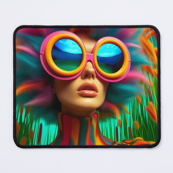 Item preview, Retro Crazy Oversized colorful retro glasses on a woman and has colorful grassy hair surreal abstract portrait designed and sold by EmeraldeaArt.