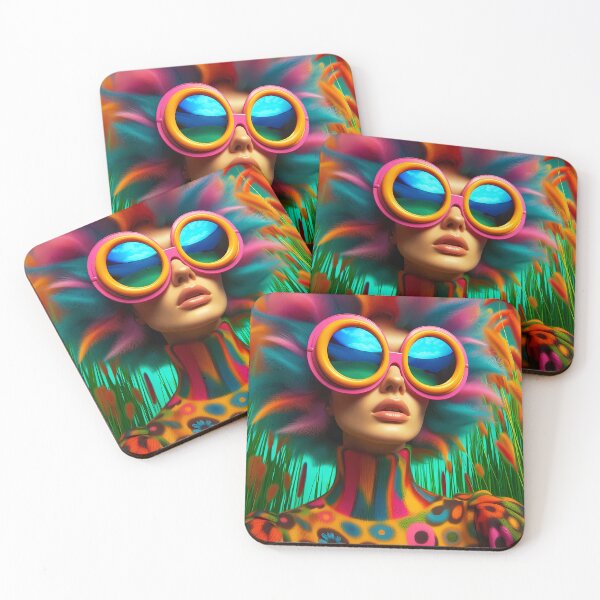Item preview, Retro Crazy Oversized colorful retro glasses on a woman and has colorful grassy hair surreal abstract portrait designed and sold by EmeraldeaArt.