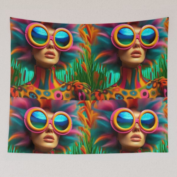 Item preview, Retro Crazy Oversized colorful retro glasses on a woman and has colorful grassy hair surreal abstract portrait designed and sold by EmeraldeaArt.