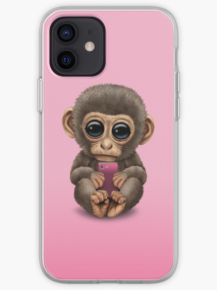 Coque Iphone Singe Mignon Bebe Tenant Un Telephone Portable Rose Par Jeffbartels Redbubble