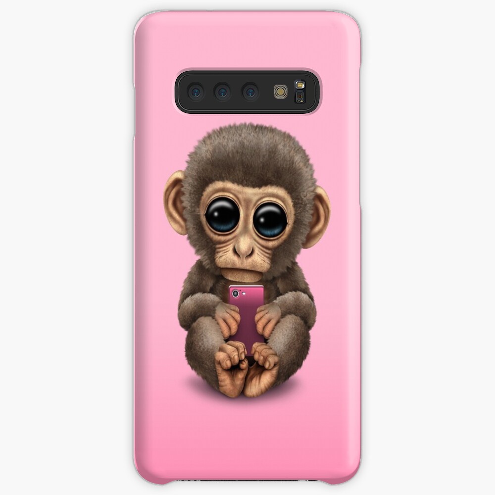 "Cute Baby Monkey Holding a Pink Cell Phone " Case & Skin for Samsung Galaxy by JeffBartels