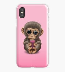 Cute Baby Monkey Holding a Pink Cell Phone iPhone Case