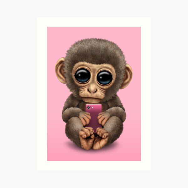 Cute Baby Monkey Holding a Pink Cell Phone Art Print