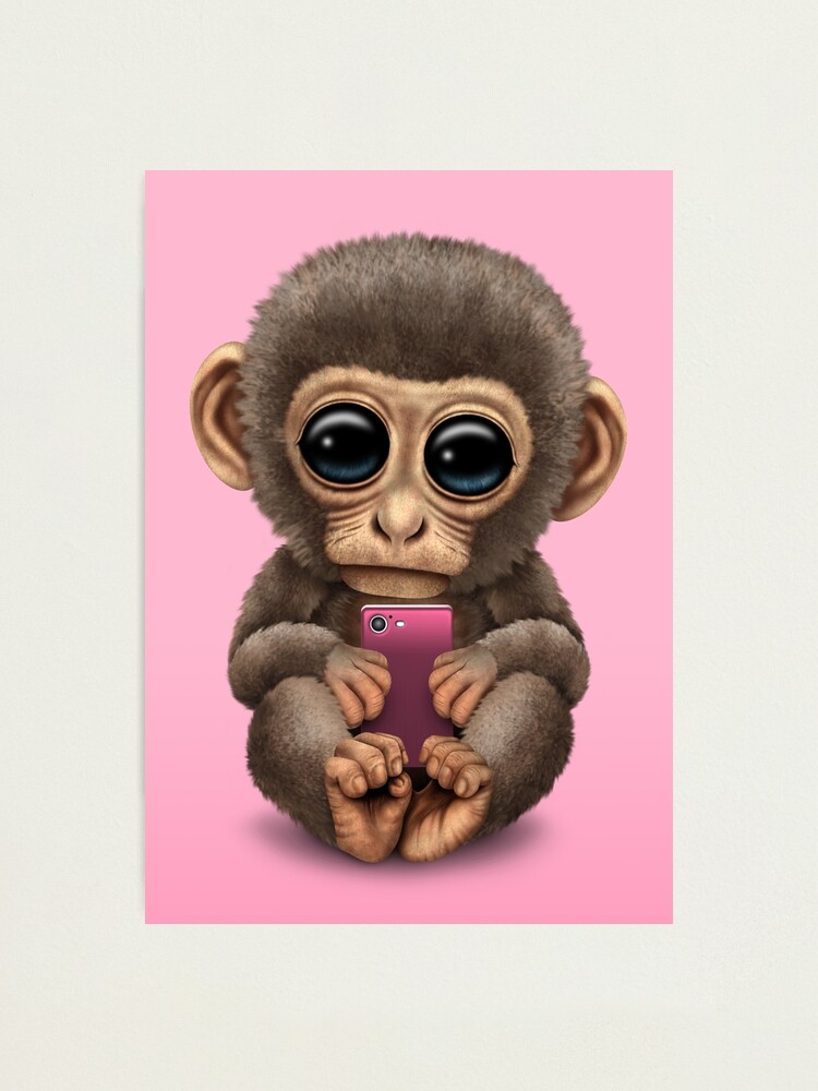 Cute Baby Monkey Holding A Pink Cell Phone Photographic Print By Jeffbartels Redbubble