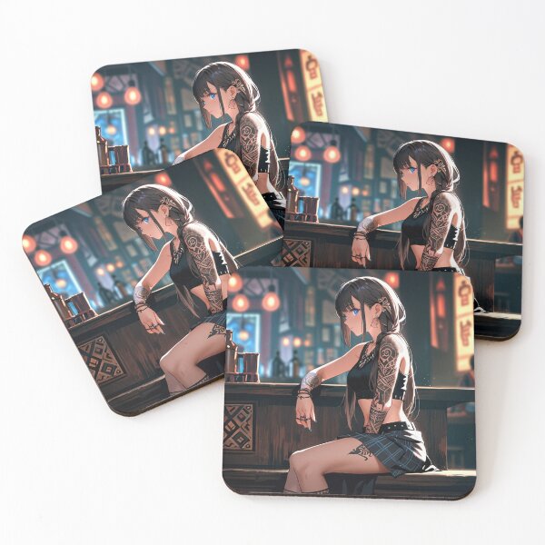 Item preview, Beautiful dark haired Tattooed Anime Manga Girl in sleeveless top designed and sold by Vintage Designs +.