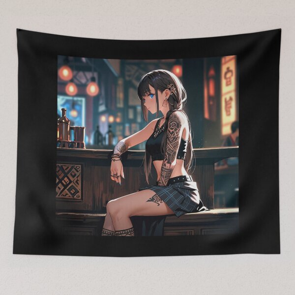 Item preview, Beautiful dark haired Tattooed Anime Manga Girl in sleeveless top designed and sold by Vintage Designs +.