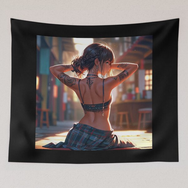 Item preview,  Beautiful dark haired Tattooed Anime Manga Girl in sleeveless top designed and sold by Vintage Designs +.