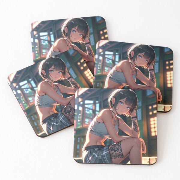 Item preview,  Beautiful dark haired Tattooed Anime Manga Girl in sleeveless top designed and sold by Vintage Designs +.
