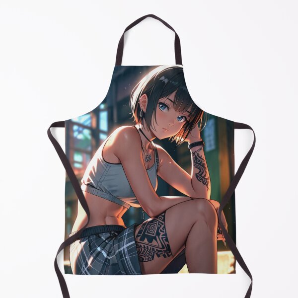 Item preview, Beautiful dark haired Tattooed Anime Manga Girl in sleeveless top designed and sold by Vintage Designs +.
