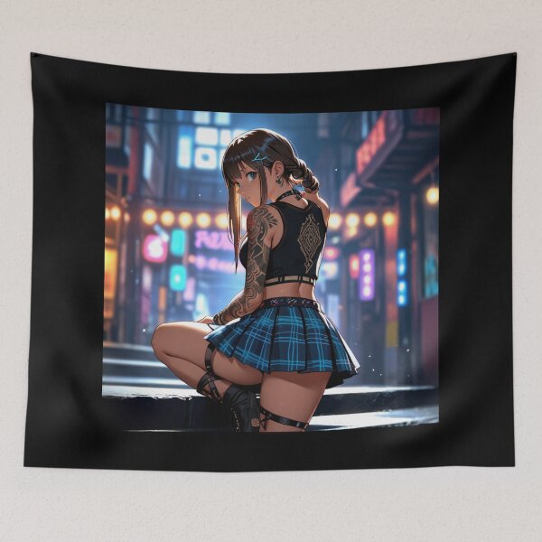 Item preview,  Beautiful dark haired Tattooed Anime Manga Girl in sleeveless top designed and sold by Vintage Designs +.