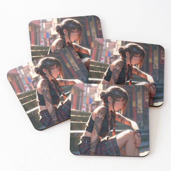 Item preview,   Beautiful dark haired Tattooed Anime Manga Girl in sleeveless top designed and sold by Vintage Designs +.