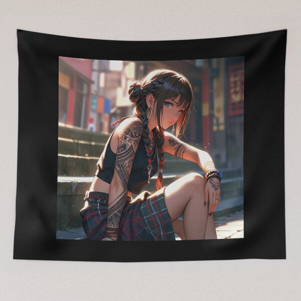 Item preview,   Beautiful dark haired Tattooed Anime Manga Girl in sleeveless top designed and sold by Vintage Designs +.