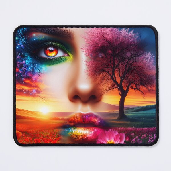 Item preview, Nature fused she face portrait montage with poppy meadow sunset and a pink tree designed and sold by EmeraldeaArt.