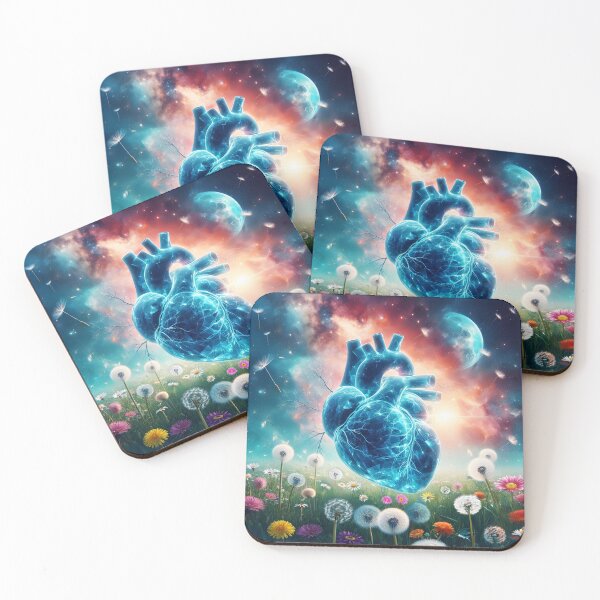 Item preview, Anatomy blue crystal luminscence heart over a dandelion and daisy meadow against a galaxy moon celestial backdrop designed and sold by EmeraldeaArt.