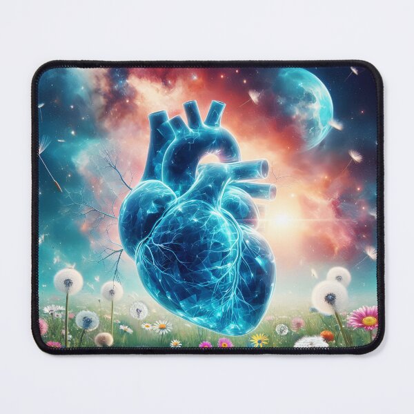 Item preview, Anatomy blue crystal luminscence heart over a dandelion and daisy meadow against a galaxy moon celestial backdrop designed and sold by EmeraldeaArt.