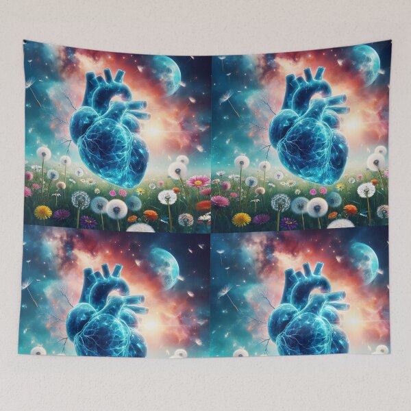 Item preview, Anatomy blue crystal luminscence heart over a dandelion and daisy meadow against a galaxy moon celestial backdrop designed and sold by EmeraldeaArt.