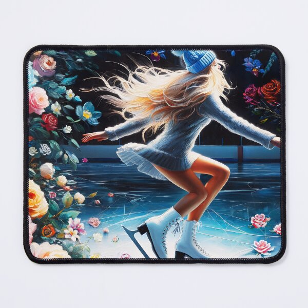 Item preview, Floral ice skating girl wearing knitted blue dress and hat white skate and has long blond hair with rose backdrop oil painting designed and sold by EmeraldeaArt.