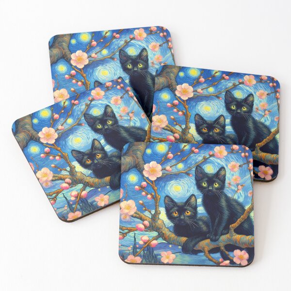 Item preview, Two cute black kitties on blossoming almond branchis from vincent van goghs famous painting against the starry night background designed and sold by EmeraldeaArt.