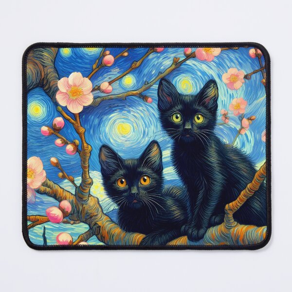 Item preview, Two cute black kitties on blossoming almond branchis from vincent van goghs famous painting against the starry night background designed and sold by EmeraldeaArt.