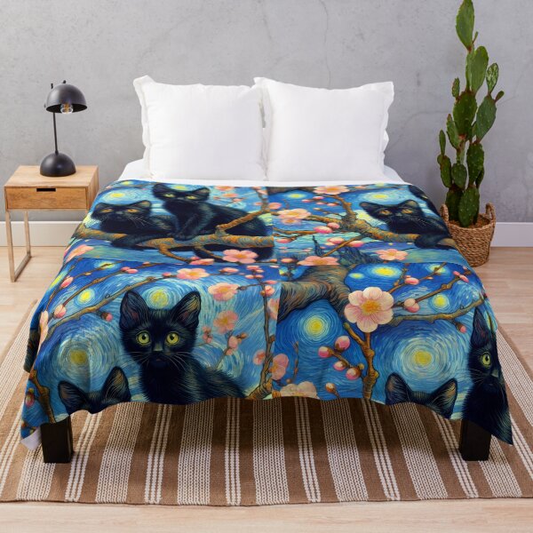 Item preview, Two cute black kitties on blossoming almond branchis from vincent van goghs famous painting against the starry night background designed and sold by EmeraldeaArt.