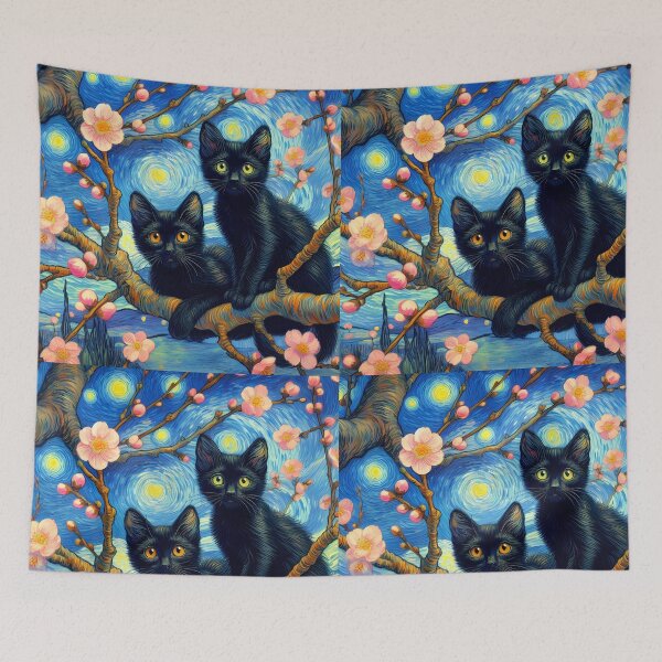 Item preview, Two cute black kitties on blossoming almond branchis from vincent van goghs famous painting against the starry night background designed and sold by EmeraldeaArt.