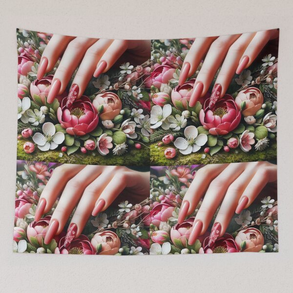 Item preview, beautiful manicured pastel purple nails female hand placed on blooming peonies vintage flowers designed and sold by EmeraldeaArt.