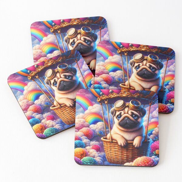 Item preview, Cute steampunk pug in a a basket of an airballon travelling ranbow clouds sky cartoon designed and sold by EmeraldeaArt.