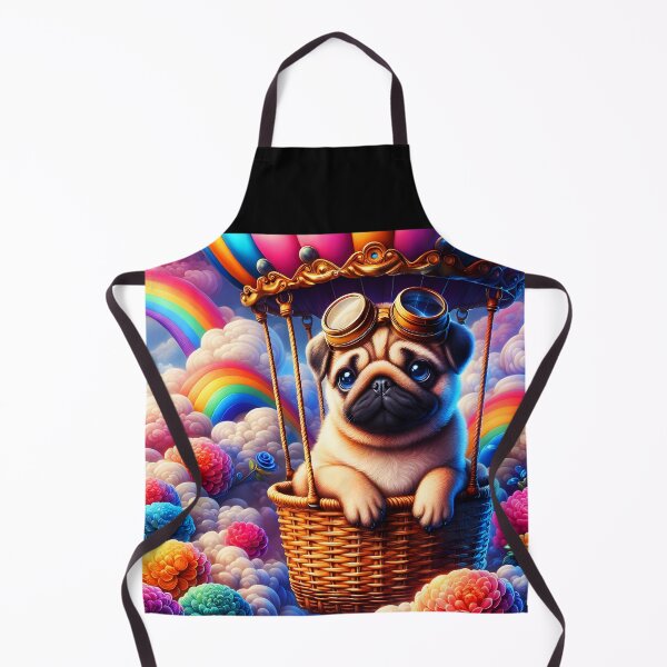 Item preview, Cute steampunk pug in a a basket of an airballon travelling ranbow clouds sky cartoon designed and sold by EmeraldeaArt.