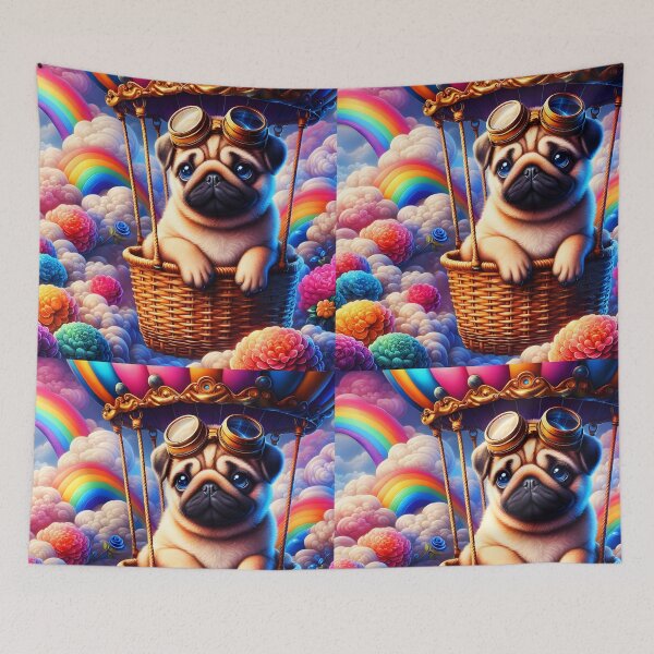 Item preview, Cute steampunk pug in a a basket of an airballon travelling ranbow clouds sky cartoon designed and sold by EmeraldeaArt.