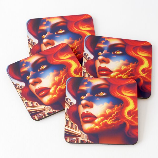 Item preview, Fiery fire sky montaged red hair woman face against a retro vintage street designed and sold by EmeraldeaArt.