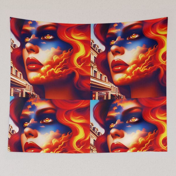 Item preview, Fiery fire sky montaged red hair woman face against a retro vintage street designed and sold by EmeraldeaArt.