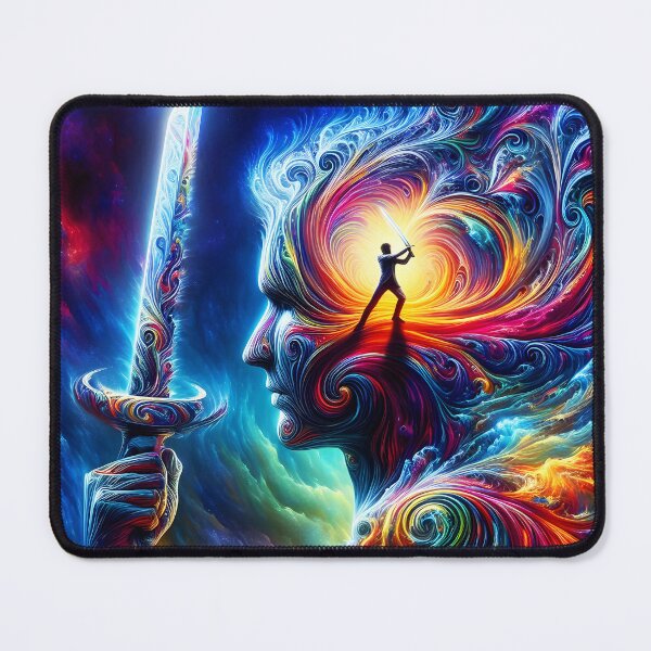 Item preview, Man fighting mind with sword abstract fractal swirly colorful art designed and sold by EmeraldeaArt.