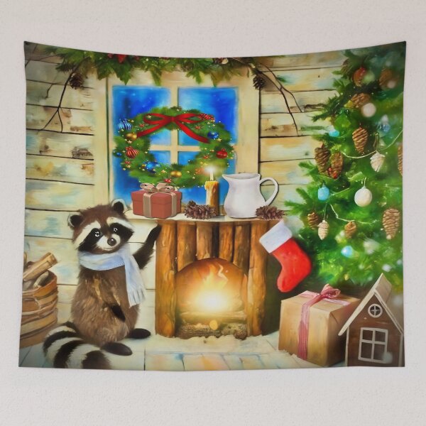 Item preview, Whimsical Holiday Raccoon by the Fire designed and sold by gleefulme.