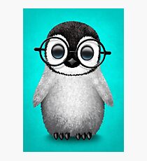 Cute Baby Penguin Wearing Eye Glasses on Blue Photographic Print