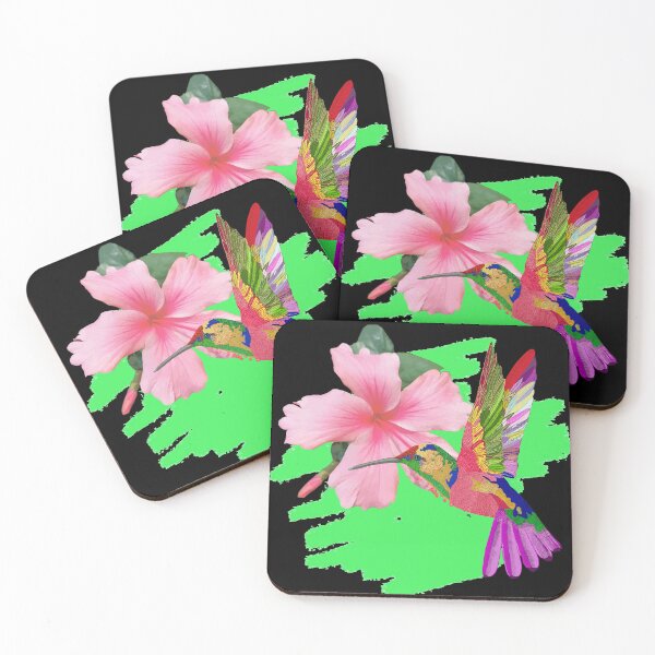 Item preview, Bird Colibri - Peach colored tropical hibiscus pink black designed and sold by StudioViArt.