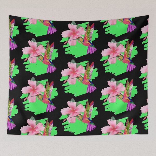 Item preview, Bird Colibri - Peach colored tropical hibiscus pink black designed and sold by StudioViArt.