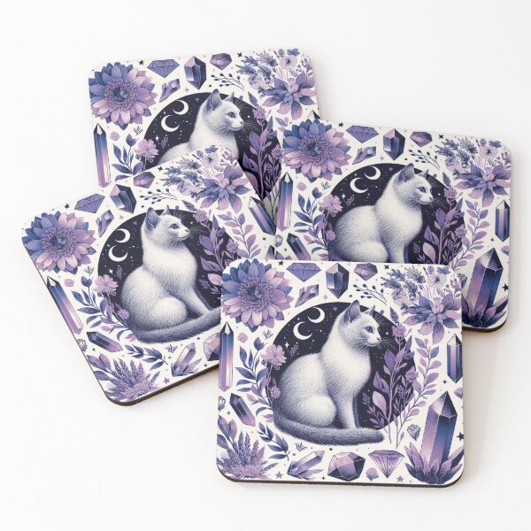 Item preview, White cat surrounded by crystals/ flowers designed and sold by TheMysticCats.